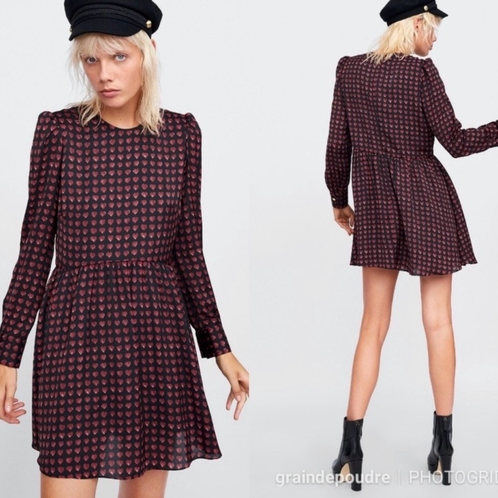 Zara Black and Red Heart Long Sleeve Dress